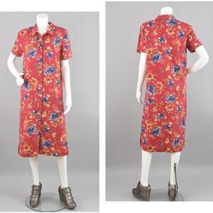 Vintage Talbots Red Floral Button Down Linen Dress Women's Size 10